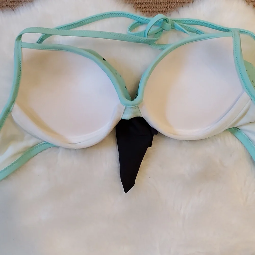 Pink Victoria's Secret Turqoise And Black Laser Cut Ruffle Bikini Top Size S